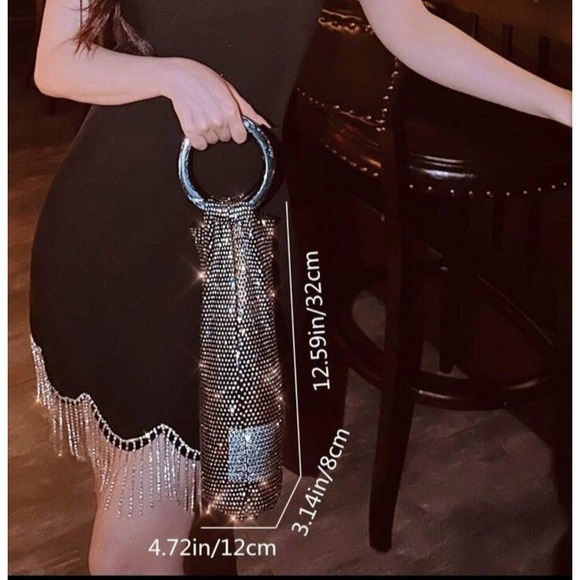 Wine Bag Tote Rhinestone Sparkle Mesh Round Handle Black, Gift Bags, Party Bags - Picture 2 of 5